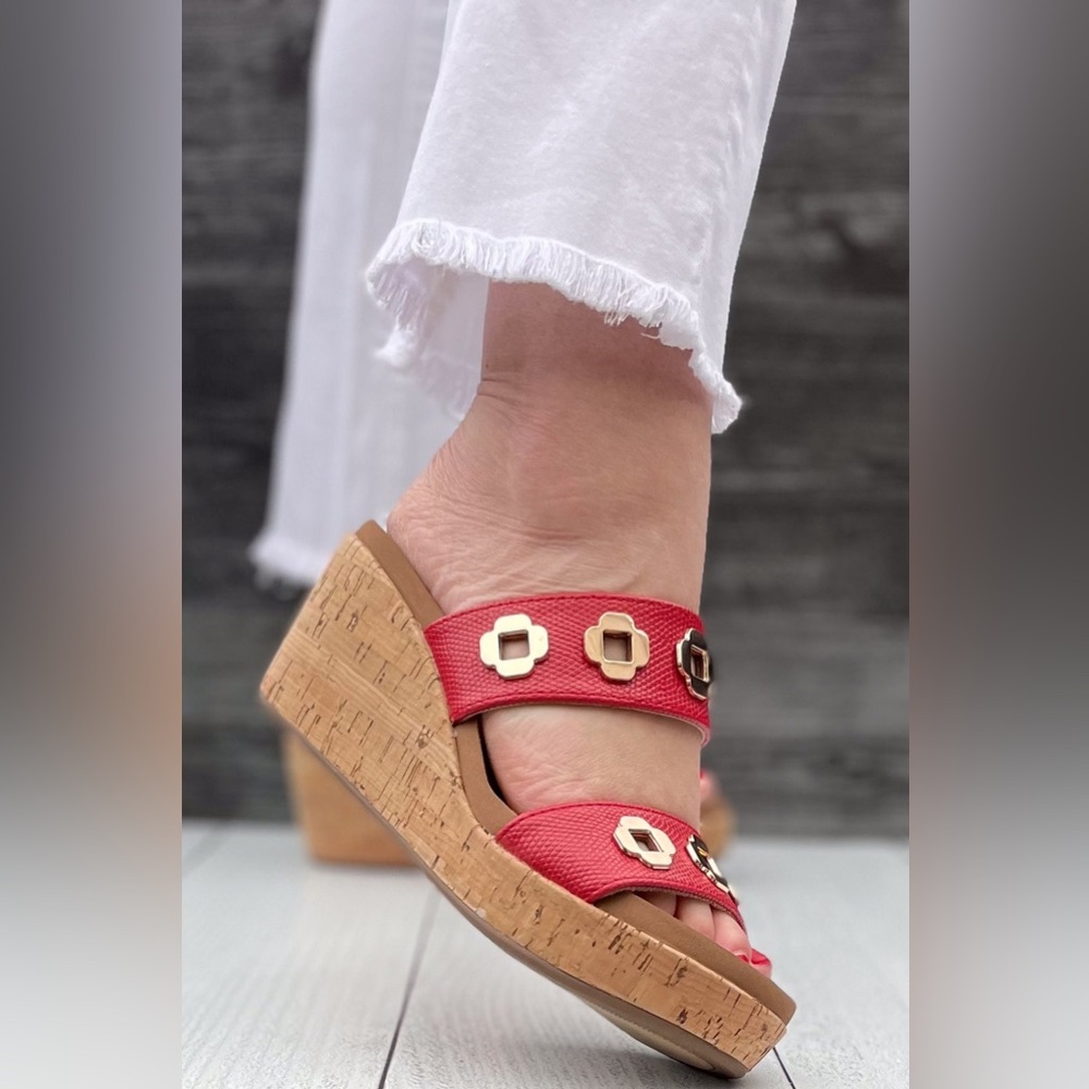 Corkys Footwear Hi Tide Wedge Sandal in Red with Gold Floral Rivets